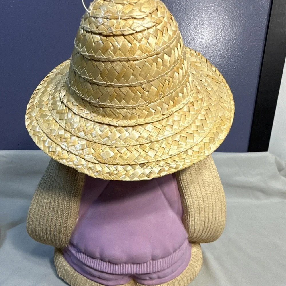 Vintage Clay Magic Ceramic Standing Sock Bunny Figurine Easter Straw Hat 1991